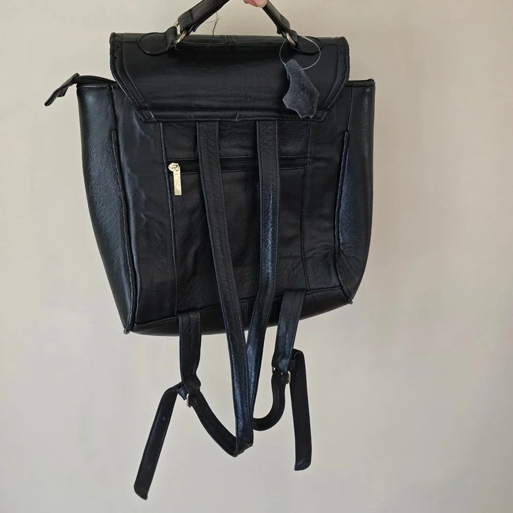 Genuine Leather Backpack Purse Black Whipstitch Made in Mexico Gold‎ Hardware